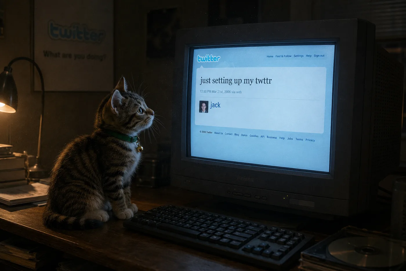 Cate watching the first tweet on a vintage CRT monitor